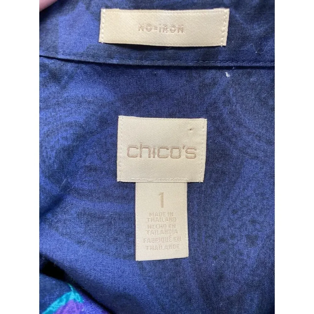 Chicos No Iron Shirt Womens Size 1 US 8/10 Blue Artsy Short Sleeve Double Sided